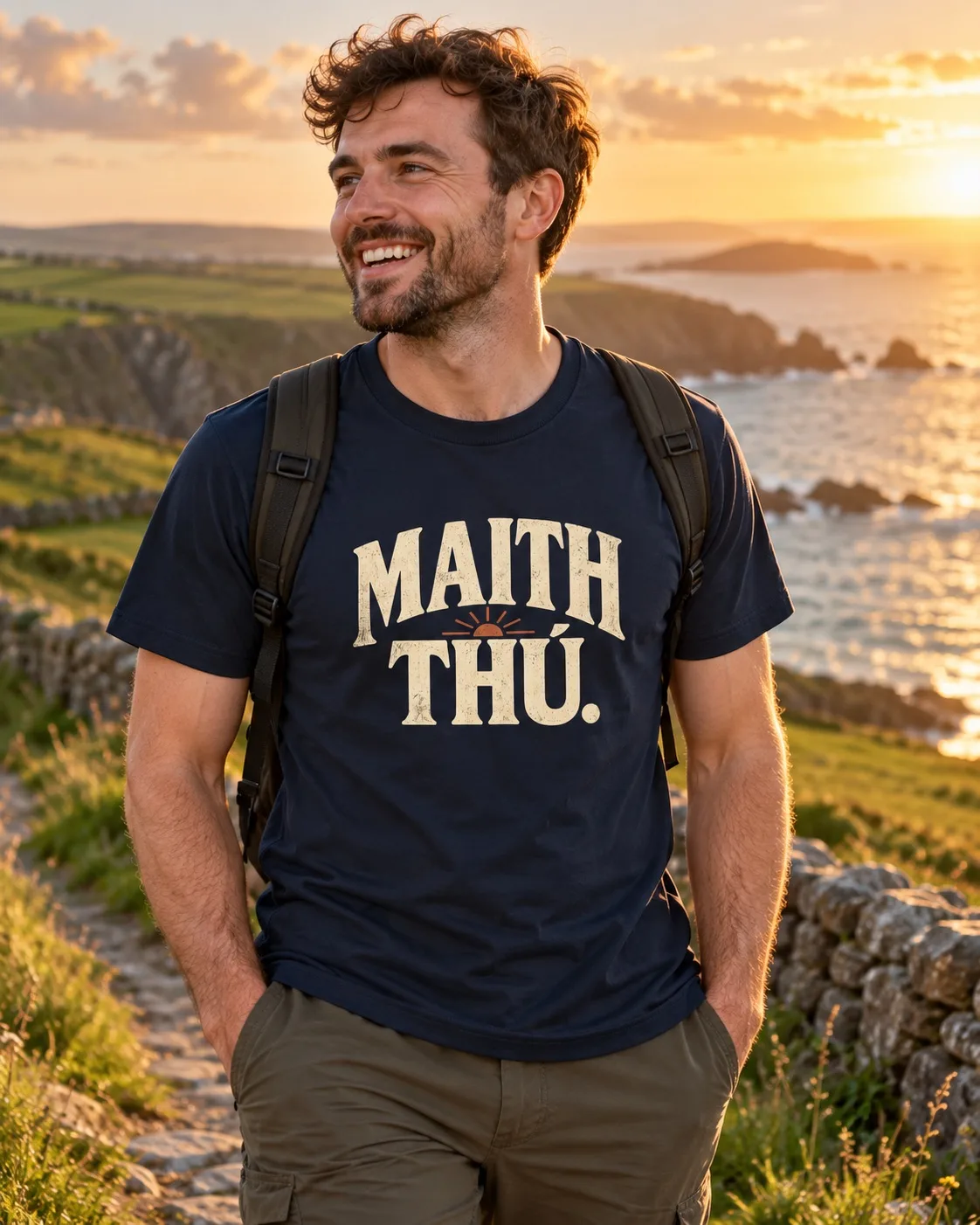 Man wearing a navy Maith Thú Irish language T-shirt while walking along the Irish coast at sunset