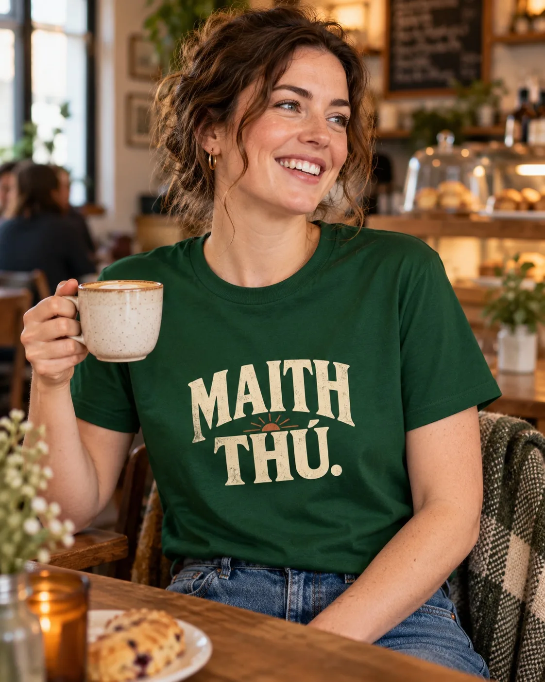 Woman wearing a forest green Maith Thú Irish T-shirt while enjoying coffee in a café
