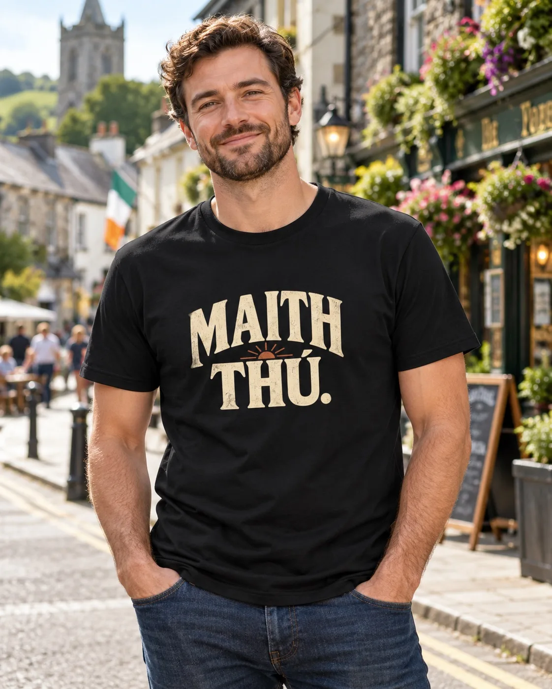 Man wearing a black Maith Thú Irish language T-shirt on a traditional Irish village street