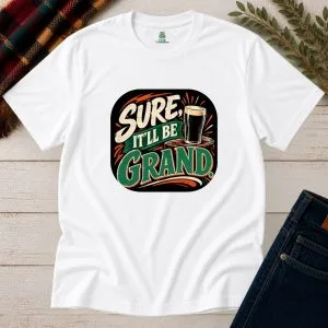 White Sure, It’ll Be Grand Irish T-Shirt front view with cream, green, orange and black vintage graphic