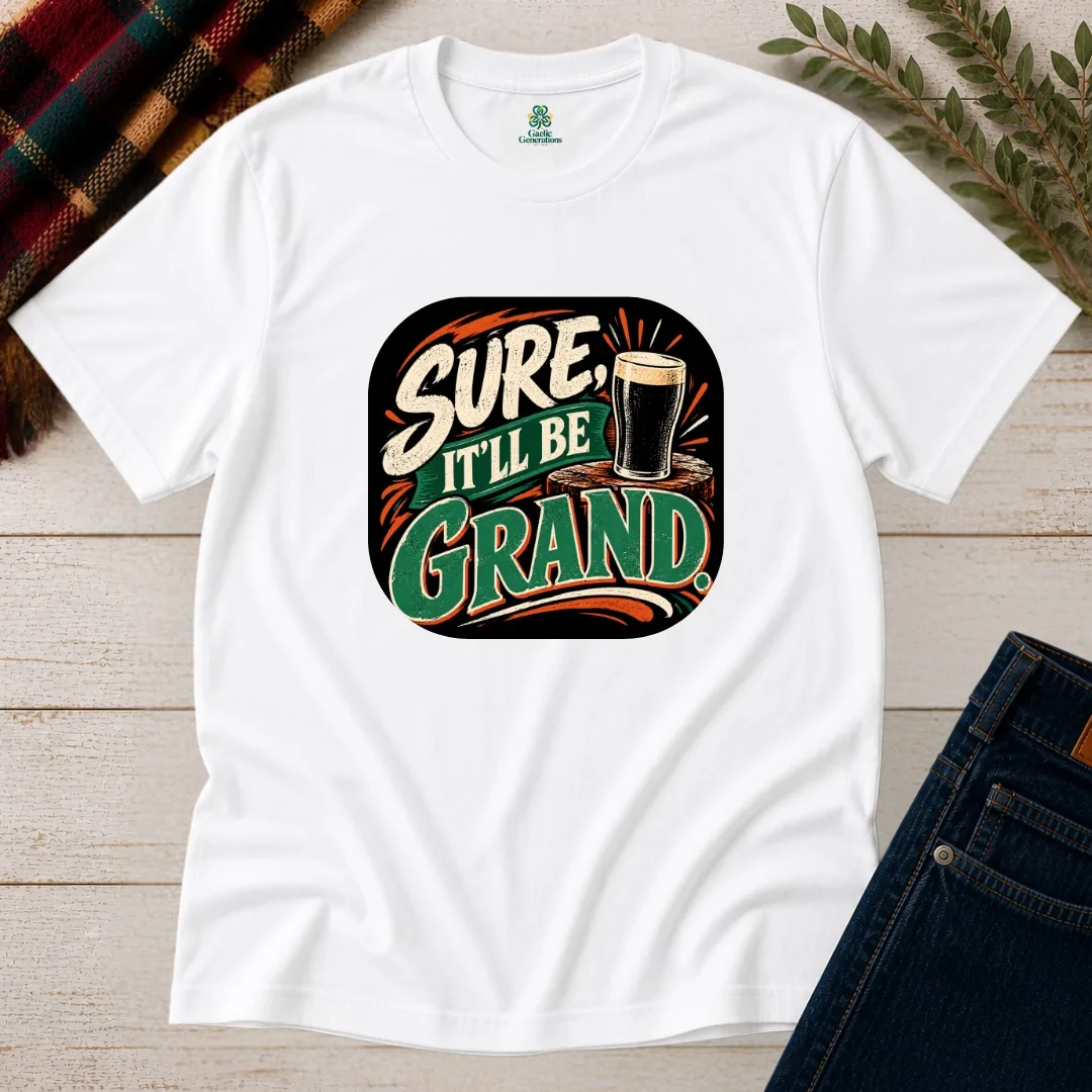 White Sure, It’ll Be Grand Irish T-Shirt front view with cream, green, orange and black vintage graphic