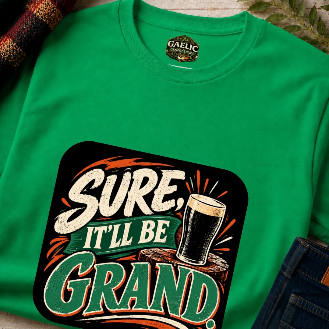 Close-up of the Irish Green Sure, It’ll Be Grand Irish T-Shirt with cream, green and orange graphic