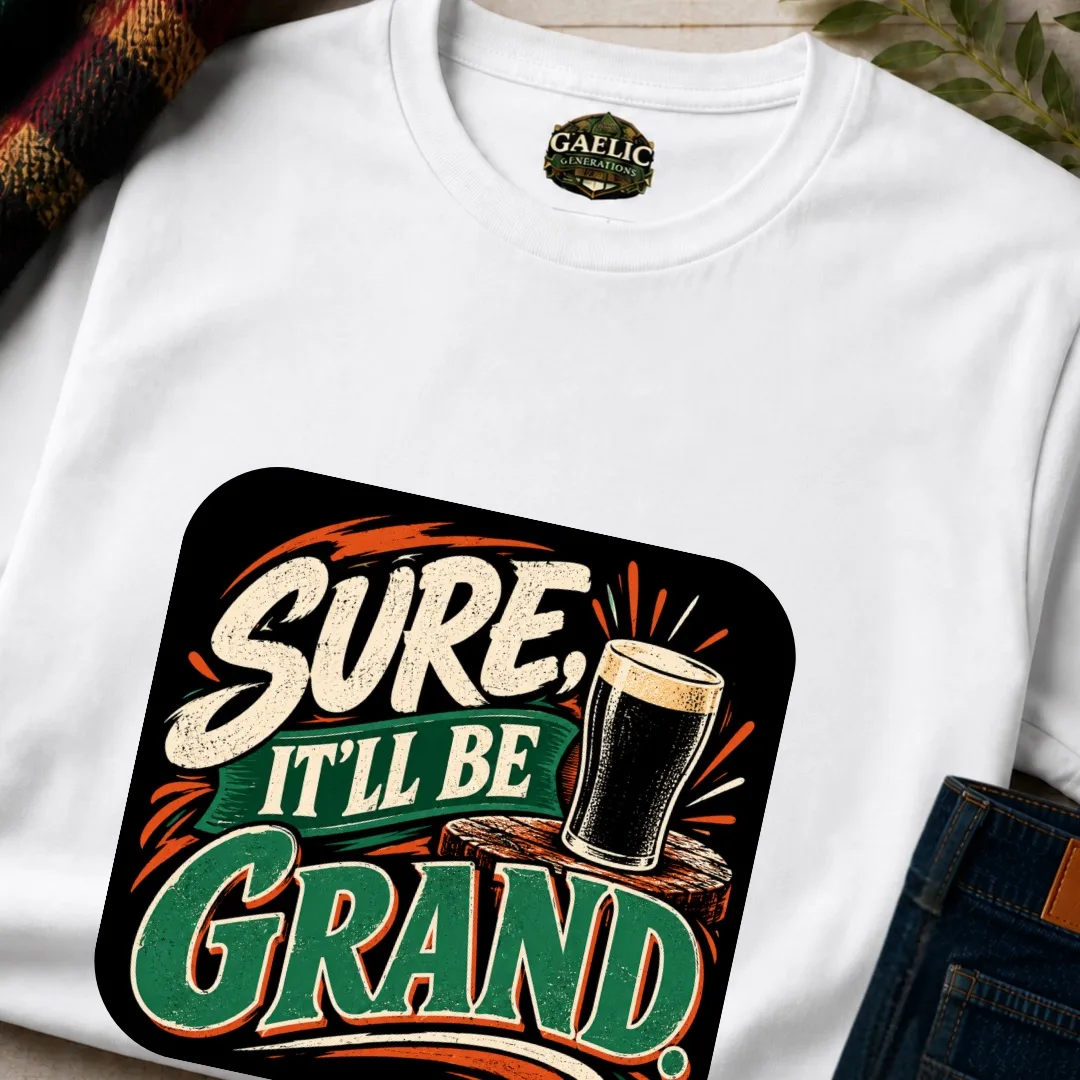 Close-up of the white Sure, It’ll Be Grand Irish T-Shirt showing the bold vintage Irish pub design