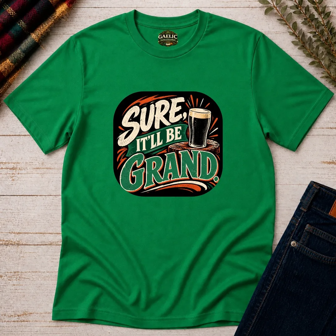 Irish Green Sure, It’ll Be Grand Irish T-Shirt front view with pint and retro typography graphic