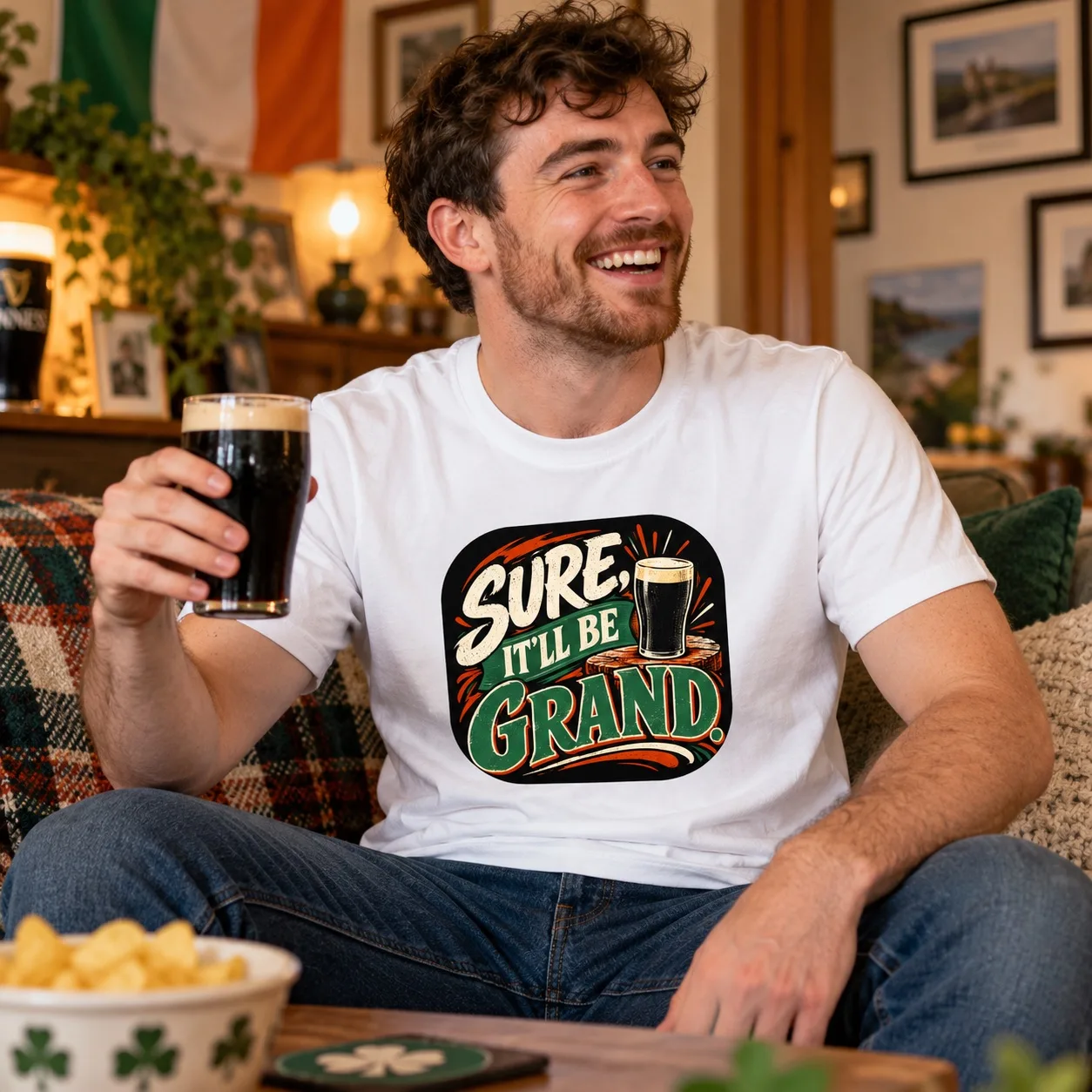 Man wearing the white Sure, It’ll Be Grand Irish T-Shirt while enjoying a pint in an Irish-themed setting