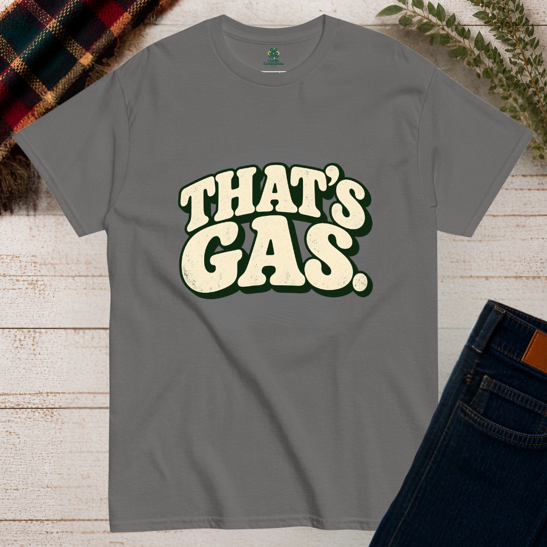 Charcoal That's Gas T-shirt with cream bubble typography
