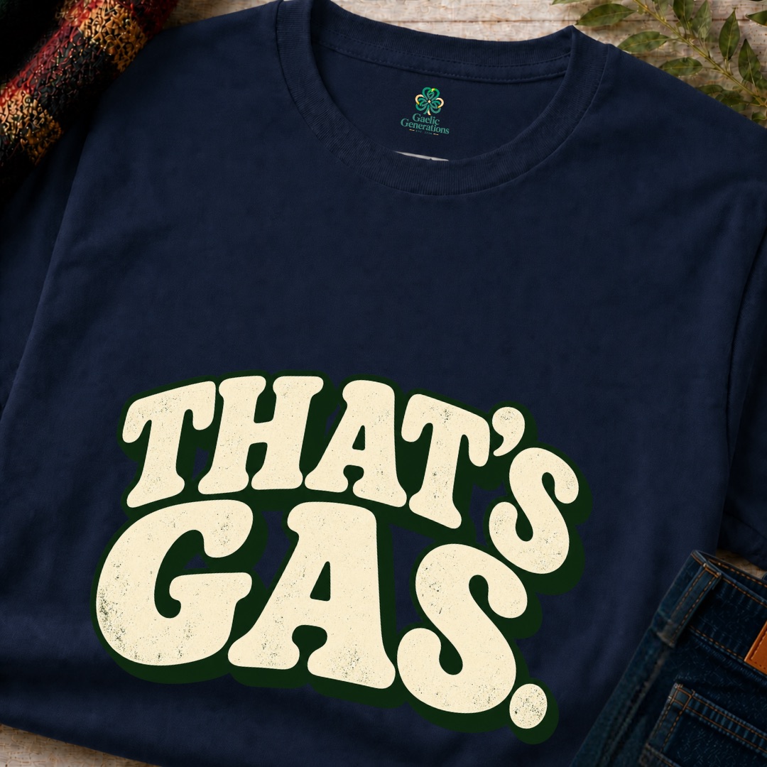 Close-up of the navy That's Gas T-Shirt showing the Irish humour-inspired front print