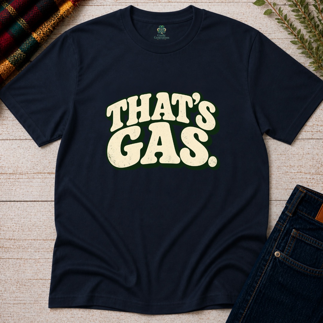 Navy That's Gas T-shirt with cream bubble typography