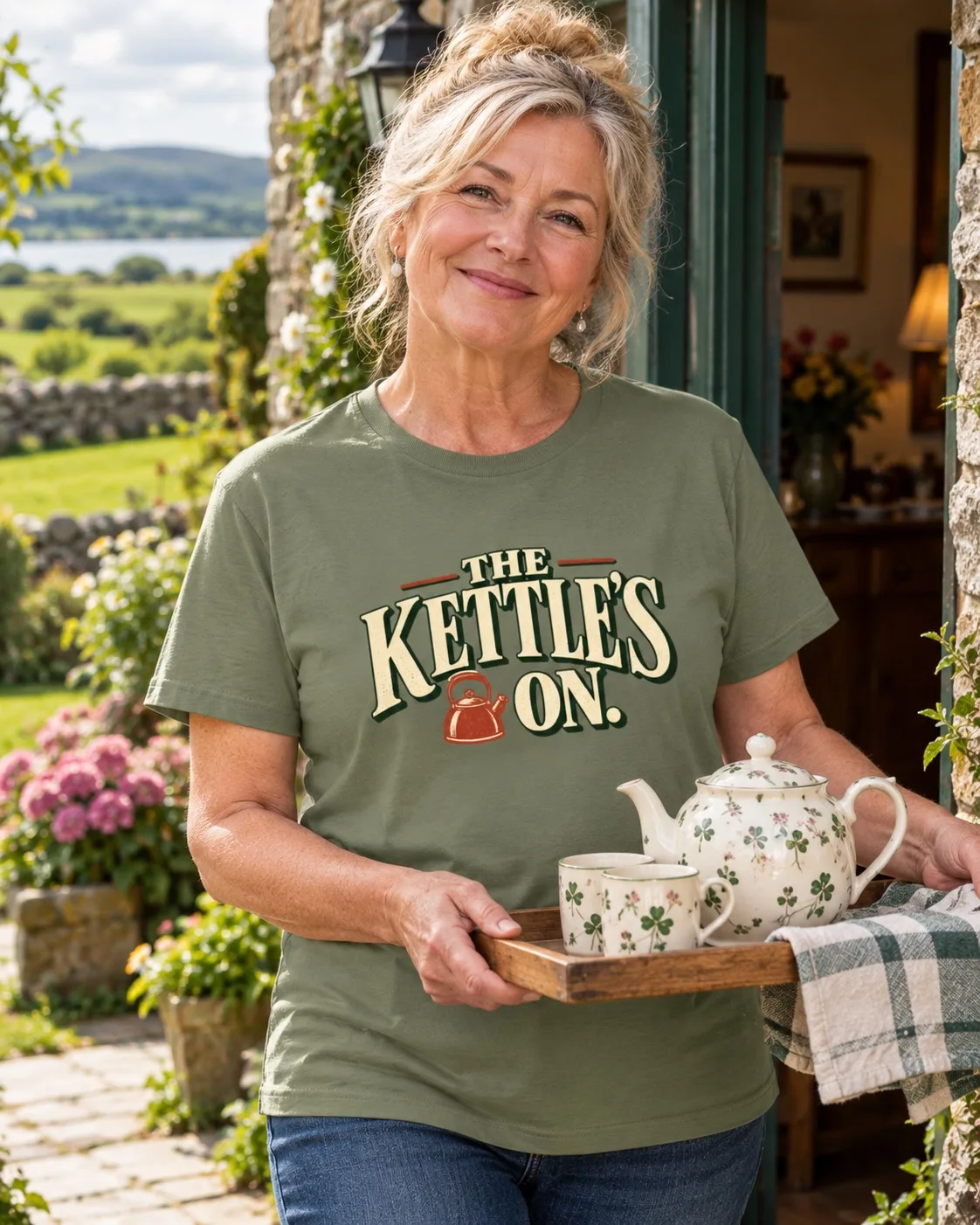 Woman wearing a military green The Kettle’s On Irish T-shirt while carrying a teapot and cups