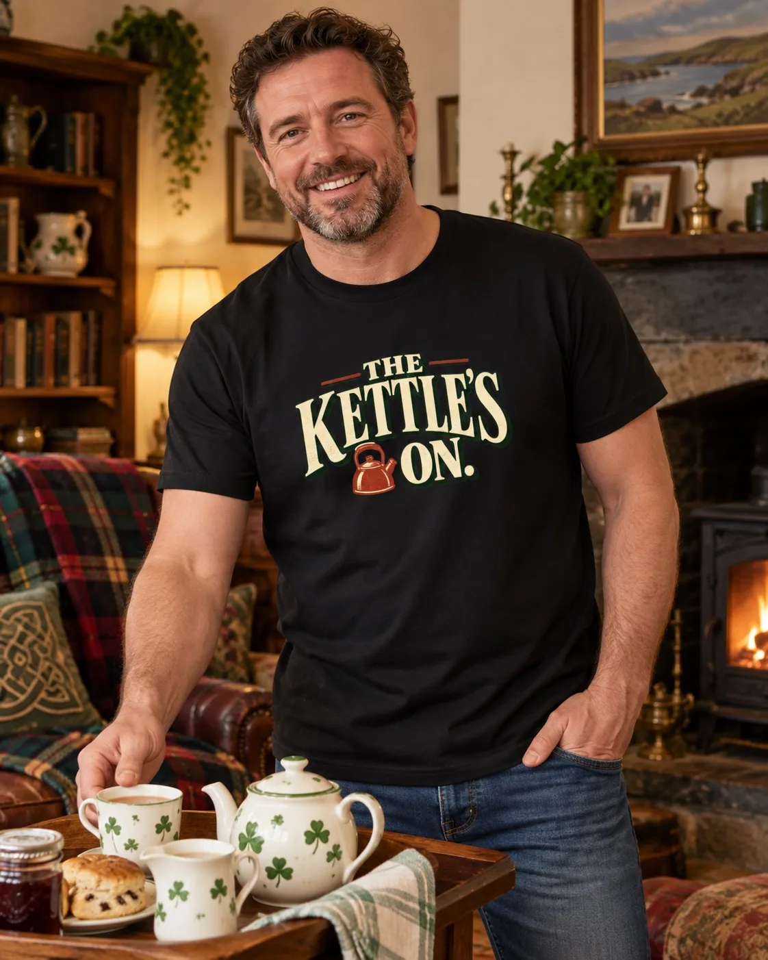 Man wearing a black The Kettle’s On Irish saying T-shirt beside a tea tray in a cosy home