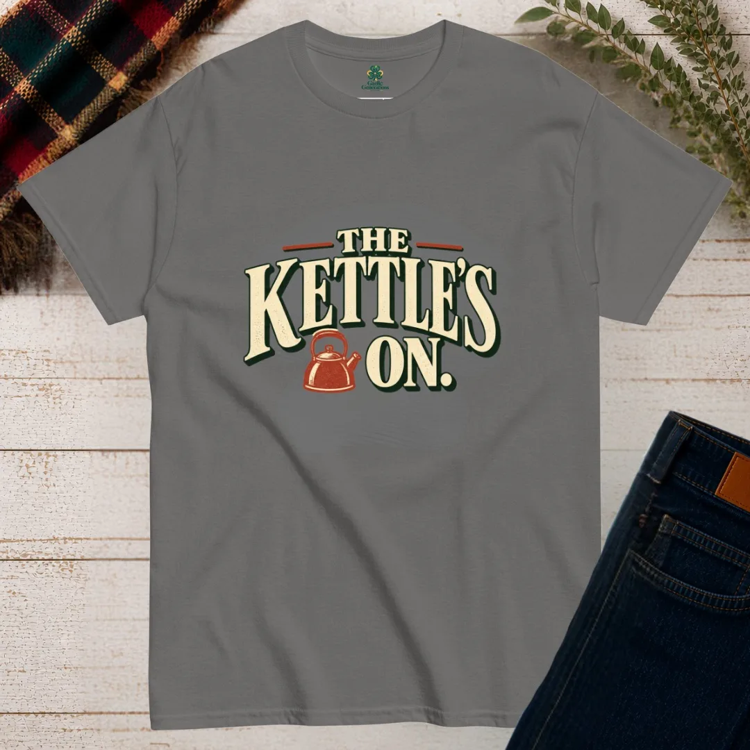 Charcoal The Kettle’s On Irish tea T-shirt with cream typography and vintage kettle illustration