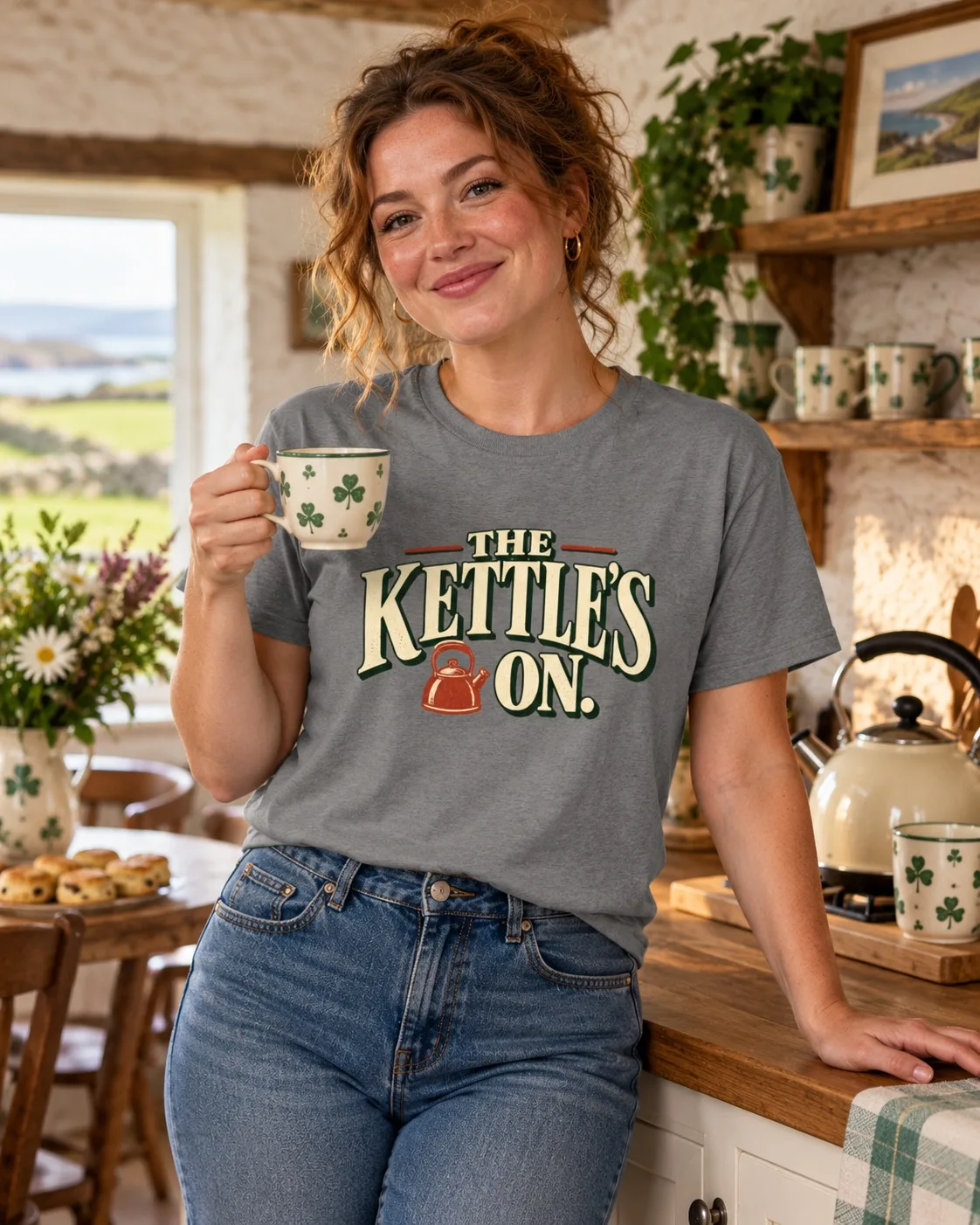 Woman wearing a charcoal The Kettle’s On Irish T-shirt while holding a cup of tea in a country kitchen
